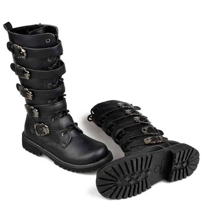 Army Boots Men High Military Combat Metal Buckle Punk Mid Calf Male Motorcycle Lace Up Men's Shoes Rock |