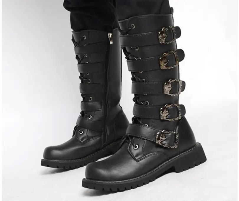Army Boots Men High Military Combat Metal Buckle Punk Mid Calf Male Motorcycle Lace Up Men's Shoes Rock |