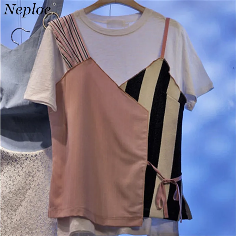 Neploe, две части, полосатая футболка, пэчворк, короткий рукав, женские топы, новинка, летняя свободная корейская мода, женская футболка 67771