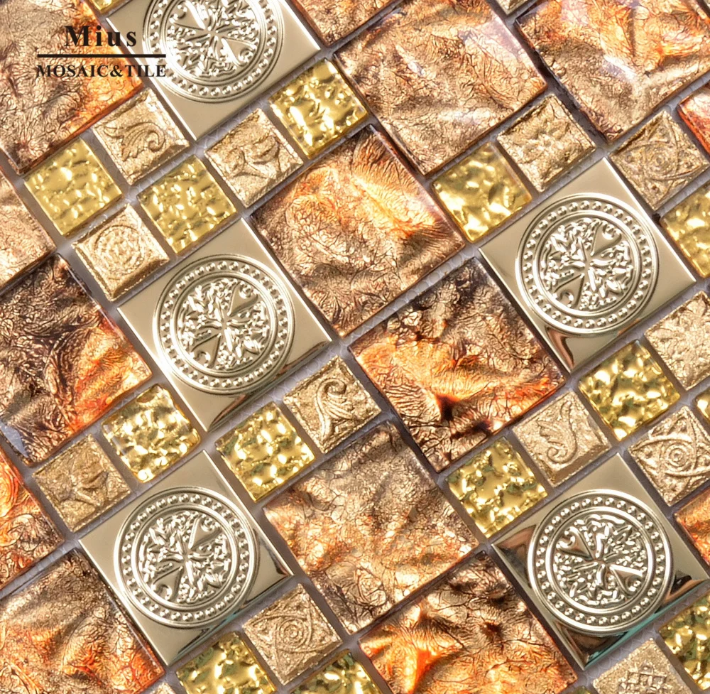 

Royal Gold foil glass tile mix 3D metal mosaic for kitchen backsplah