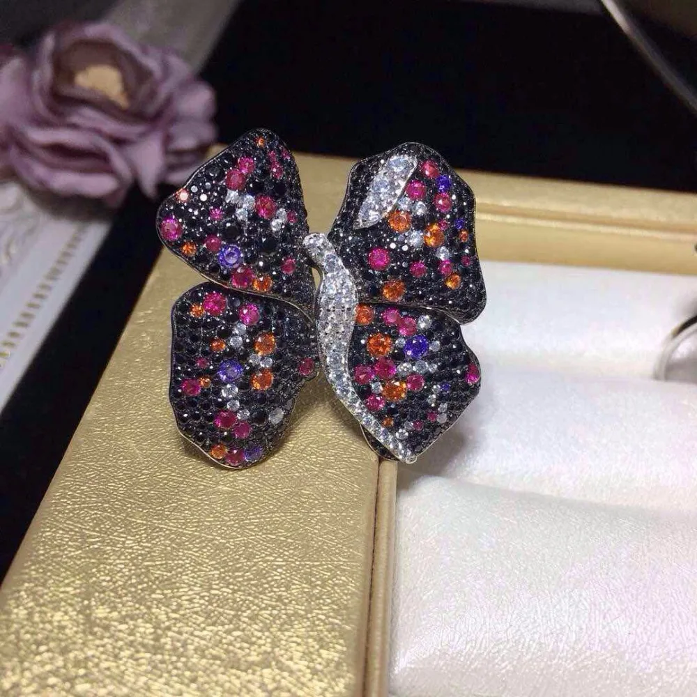 Qi Xuan_Trendy Jewelry_Multicolor Butterfly Ring_S925 однотонная Серебряная модная разноцветная бабочка