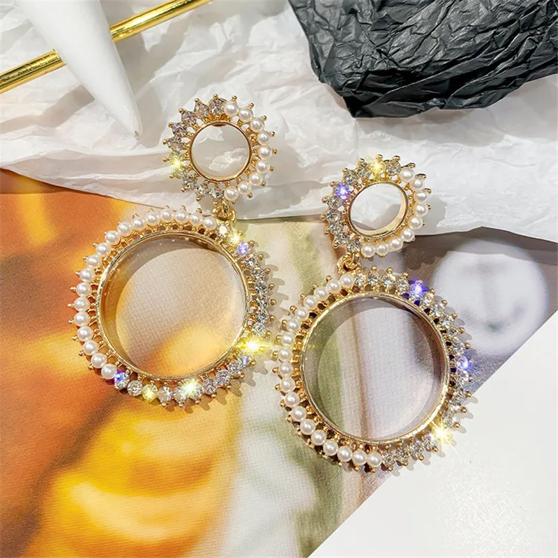 Женские серьги подвески FYUAN модные с двойным круговым кристаллом золотого цвета