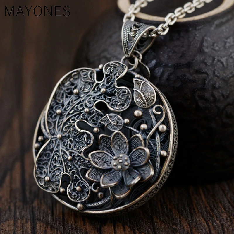 

990 Pure Silver Vintage Flower Hollow Pendants for Women Lover Necklace Accessories Thai Silver Fine Jewelry Gift Free Shipping