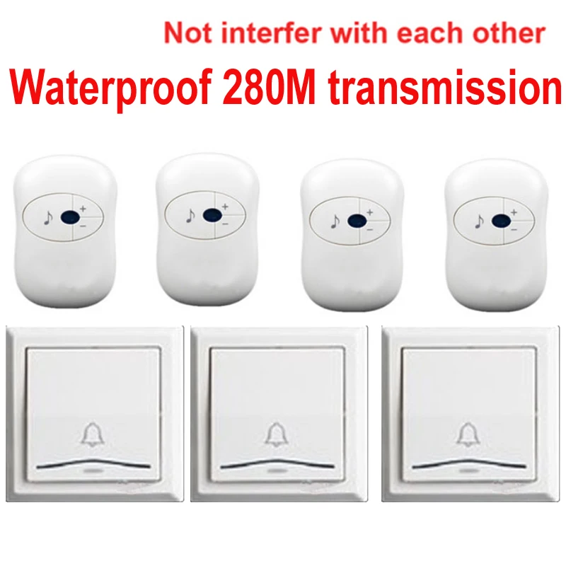Door Bell Kit 3  Push + 4 Ring Wireless Doorbell Waterproof 280M  36 Melodies Big Size 86 Switch Box Chime Home Office Use