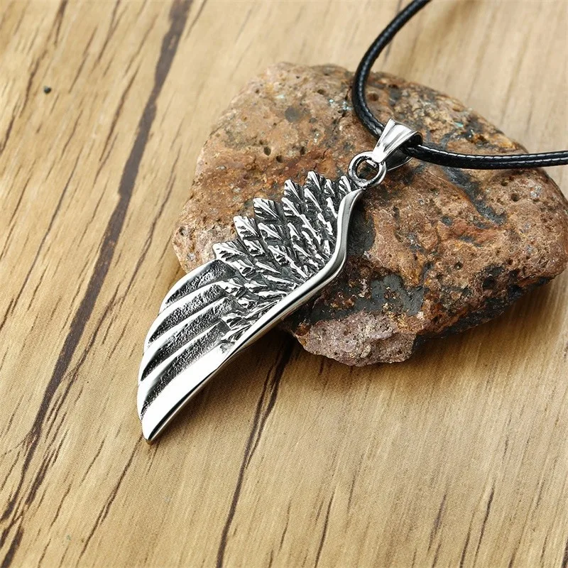 

Men's Stainless Steel Single Feather Angel Wing Pendant in Black Wax Rope Necklace Gift For Him Cool Guy Jewelry