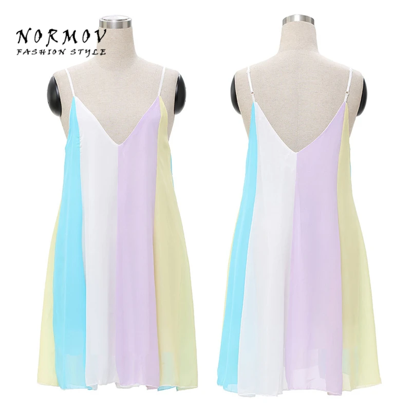 S XXL Sexy Радуга Печати Dress V образным Вырезом Без Рукавов Красочные Лоскутное Полосы