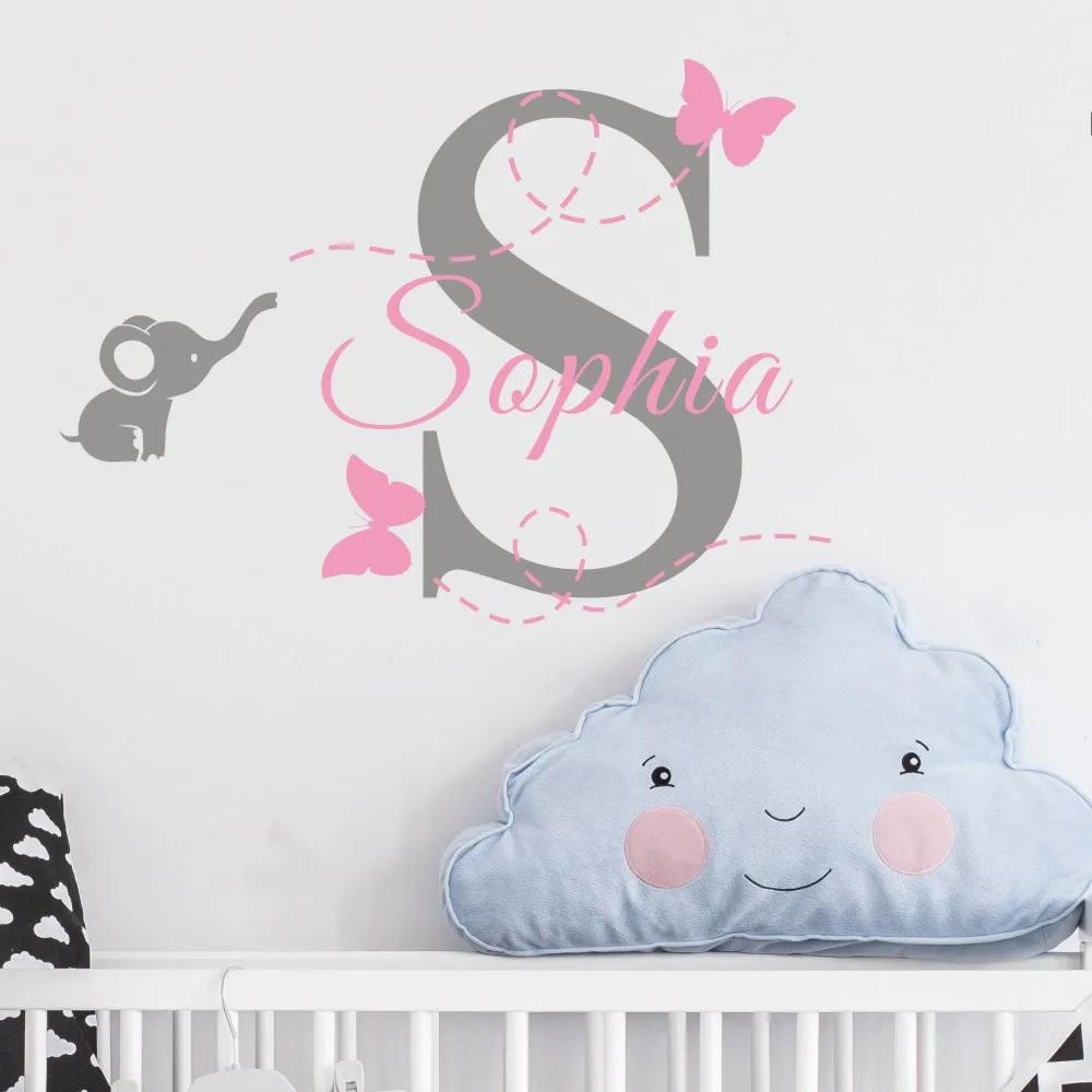

Customized Name Elephant Butterfly Wall Decal for Girls Kids Baby Room Mural Removable Vinyl Wall Sticker Free Shipping KW-115
