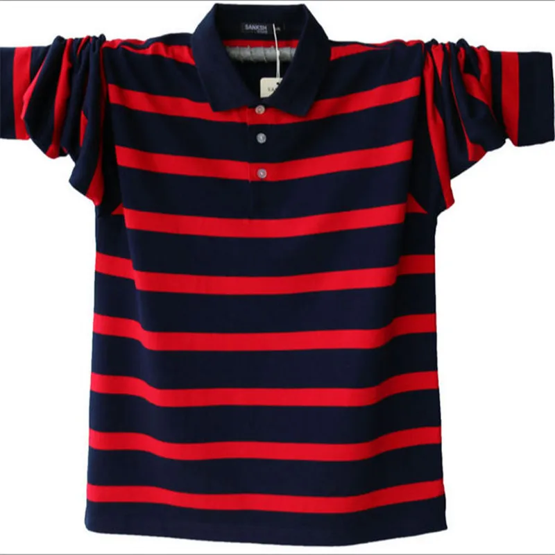 Весна и осень Повседневное Для мужчин хлопок Poloshirt с длинным рукавом в полоску дышащие свободные мужские Поло Плюс Размеры 4XL 5XL A1588