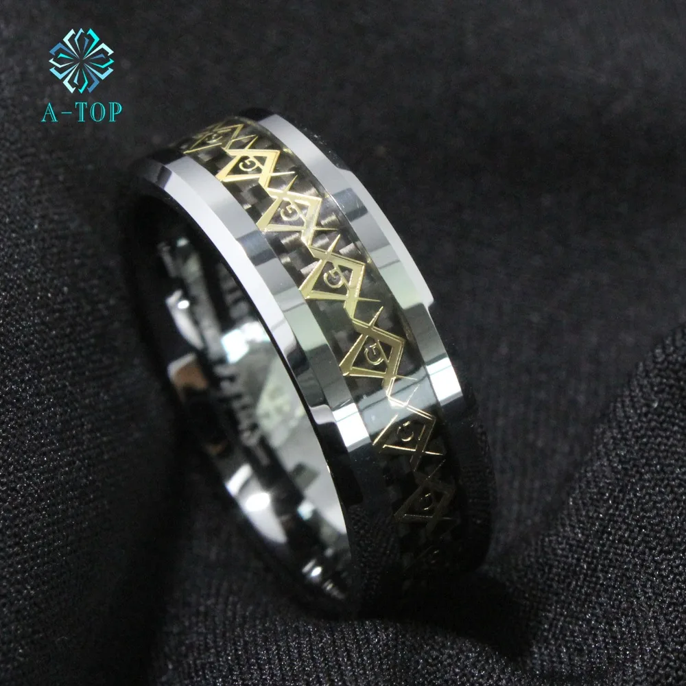 

8Mm Tungsten carbide ring Black and Gold carbon fiber center silver Freemasonry rings Free Shipping