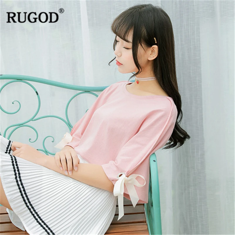 Женская футболка с бантом RUGOD белая свободная короткими рукавами и круглым
