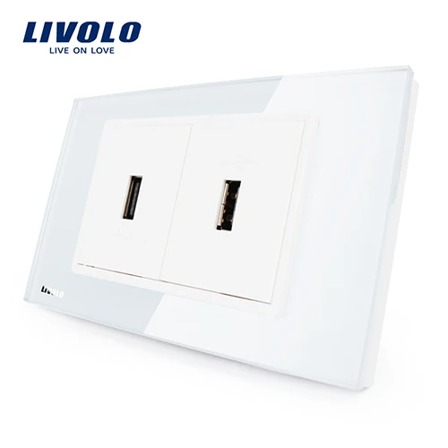 White Livolo стандарт США USB розетка(2.1A, 5 В), Белый/Черный Кристалл Стекло, настенные точки питания без вилки, 2 банды USB, VL-C392USB-81/82 - Тип: White
