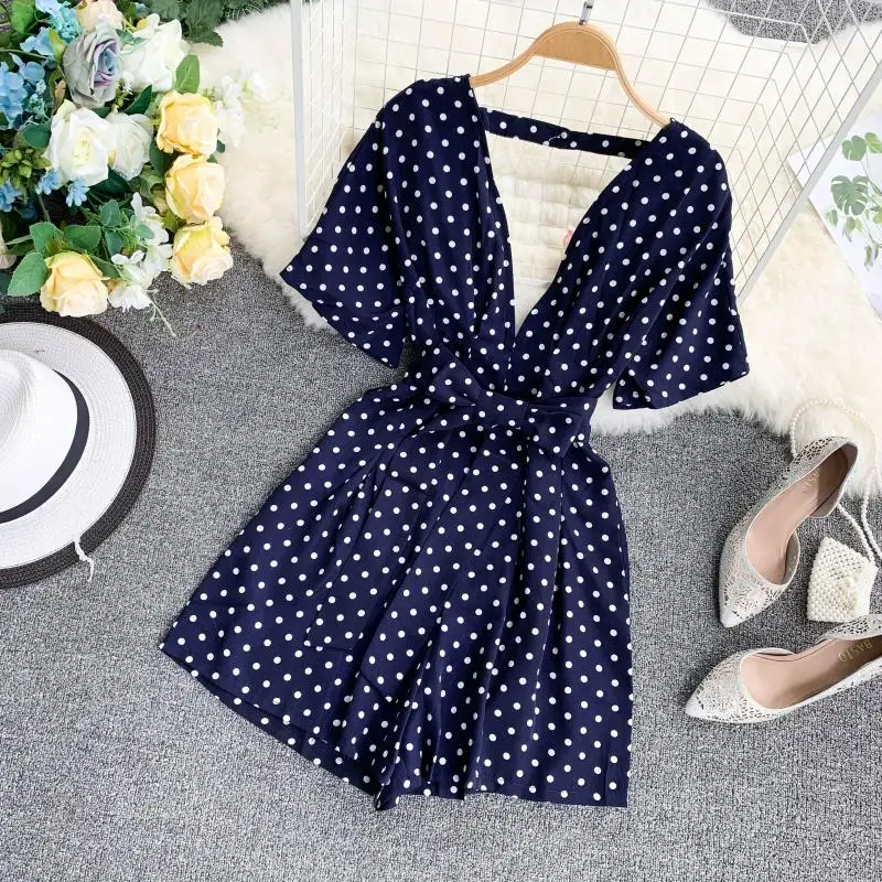 Navy Blue Boho, глубокий v-образный вырез, винтажный, в горошек, сексуальный, летний, бандажный, короткий комбинезон, Повседневный, с открытой спиной, для женщин, пляжный, праздничный галстук, комбинезон - Цвет: Navy Blue