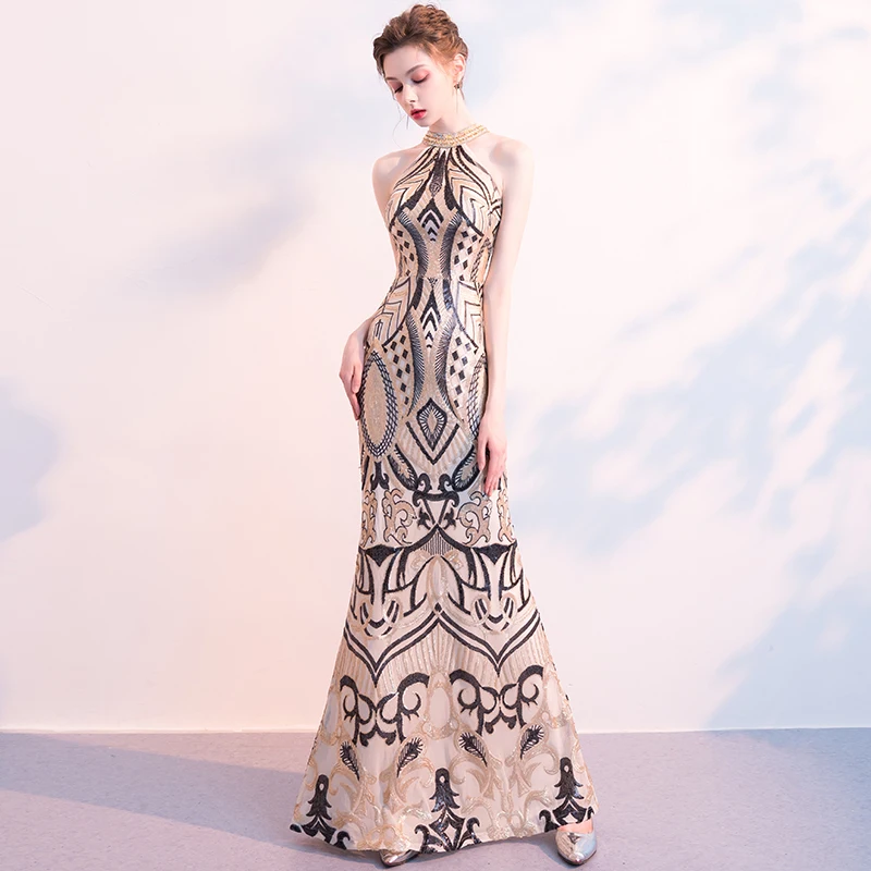 

Beauty Emily Evening Dress 2019 Mermaid Gold Bling Sequins O-neck Contrast Color Skinny Evening Gowns for Women robe de soiree
