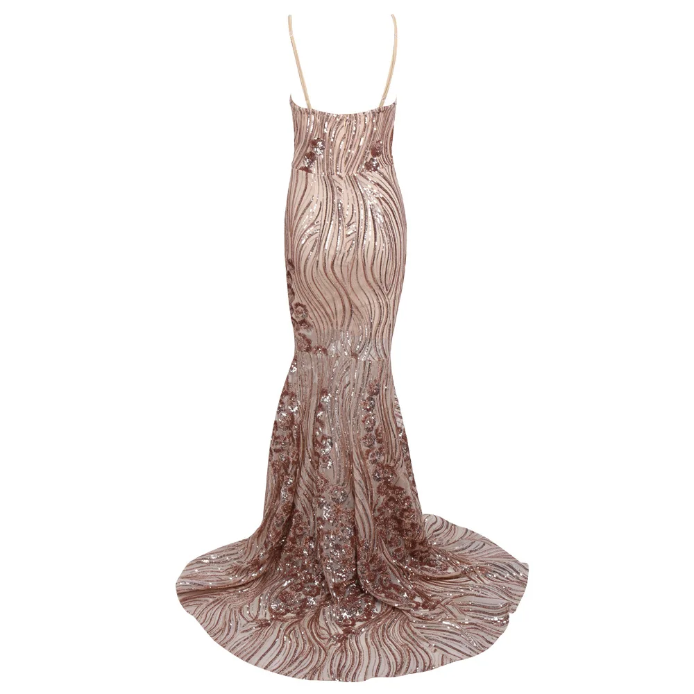 

Vintage prom dresses long mermaid 2019 sleeveless V neck spaghetti champagne with train sequin floor length women formal vestido