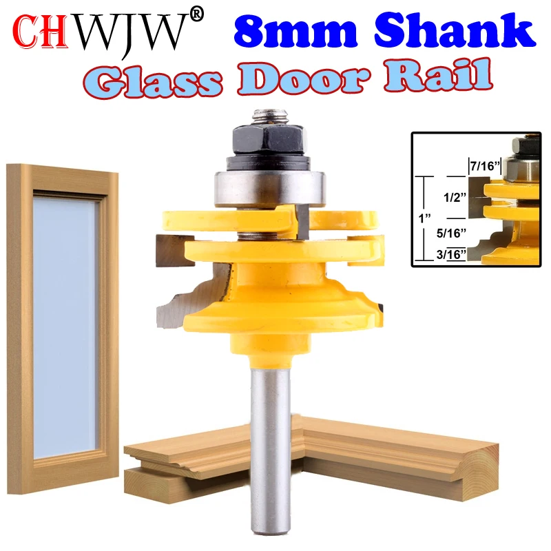1 Pc 8mm Shank Glass Door Rail & Stile Reversible Router Bit Wood Cutting Tool woodworking router bits- Chwjw 3pcs 8mm shank big cabinet rail