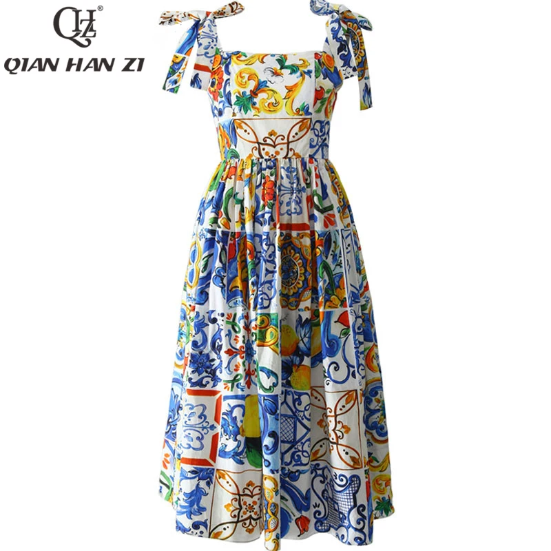 

Qian Han Zi Fashion Runway Custom Summer Cotton Dress Women High Quality Painted Pottery Printed Bow Spaghetti Strap Party Dress