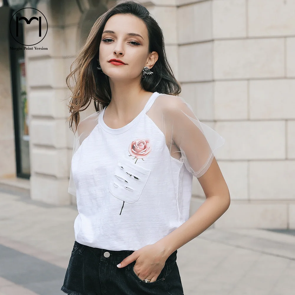 Маржа белая футболка Для женщин Лето Забавный хлопковая Футболка Femme сетчатый
