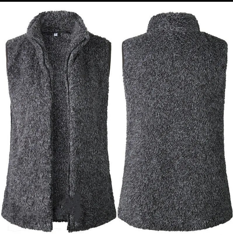 

Winter Fur Coat Fashion Women's Vest Warm Outwear Casual Faux Zip Pocket Jacket Tops Solid Casual Women Clothing