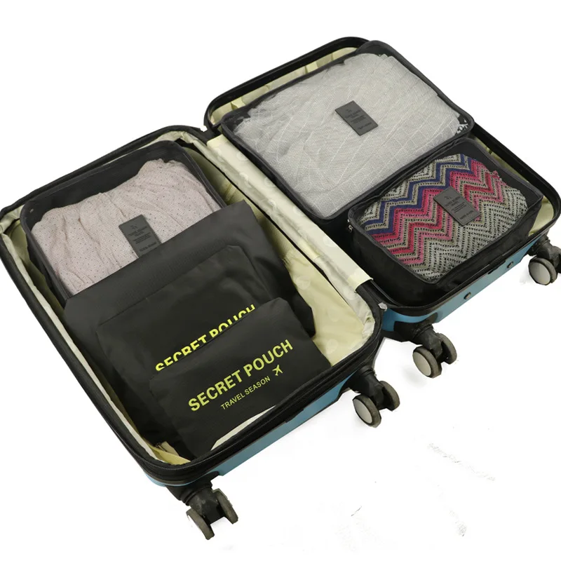 JXSLTC 6pcs/set Men and Women Travel Bags Fashion Double Zipper Packing Cubes Waterproof Polyester Luggage Organizer Travel Bag