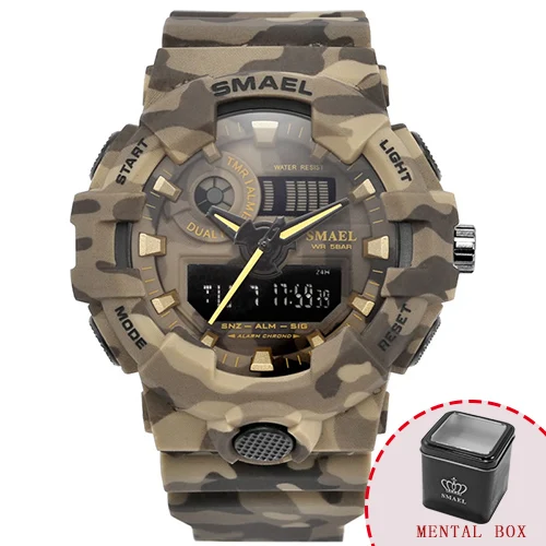 Khaki Box Новые камуфляжные часы с ремешком SMAEL Мужские Цифровые часы с большим циферблатом модные камуфляжные военные часы 8001 мужские армейские часы водонепроницаемые часы - Цвет: Khaki Box