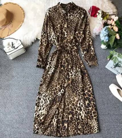 leopard Женское весенне-летнее платье трапециевидной формы с длинным рукавом и принтом змеиной кожи, повседневное свободное шикарное платье-рубашка для девочек, TB1195 - Цвет: leopard