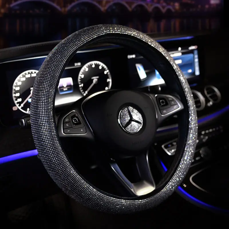 Новые роскошные Кристальные черные красные чехлы рулевого колеса автомобиля для женщин девочек Стразы с бриллиантами фиолетовые автомобильные аксессуары для женщин девушек - Название цвета: Black