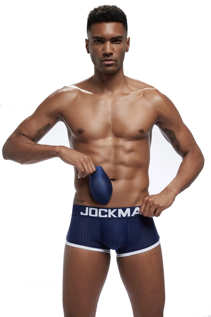 JOCKMAIL, сексуальное мужское нижнее белье, боксеры, мужское нижнее белье с дышащей сеткой, съемные две накладки на ягодицы и одна Передняя панель