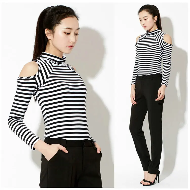 Творческий мода майка женщины-плеча с длинным рукавом стретч тонкий футболка в