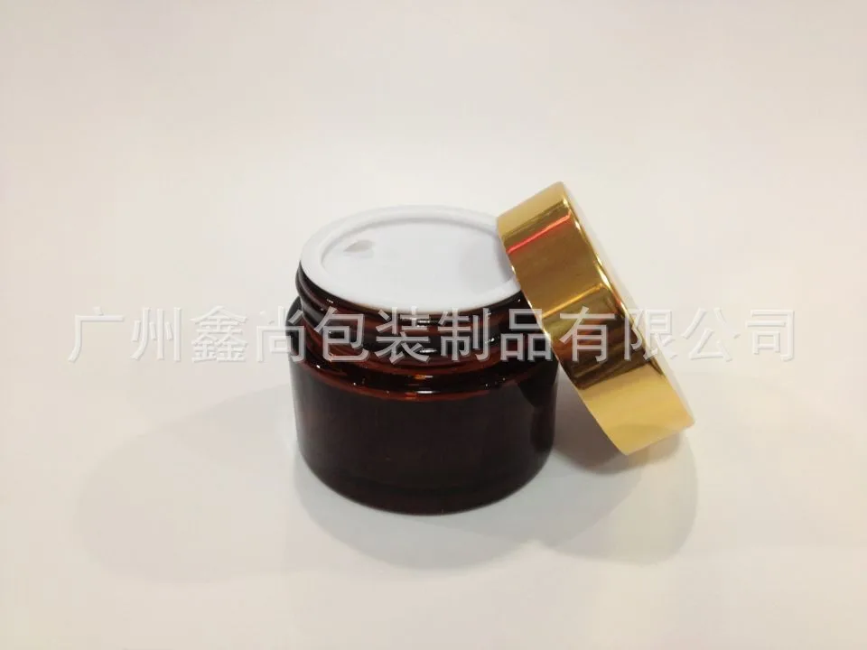 30 шт./лот 20 г банка для крема из коричневого/янтарного стекла с блестящей золотой