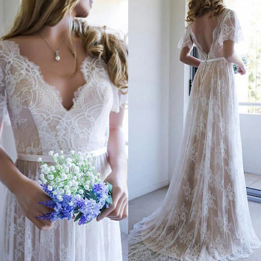 Свадебное платье цвета шампанского с v образным вырезом блестящее Тюлевое