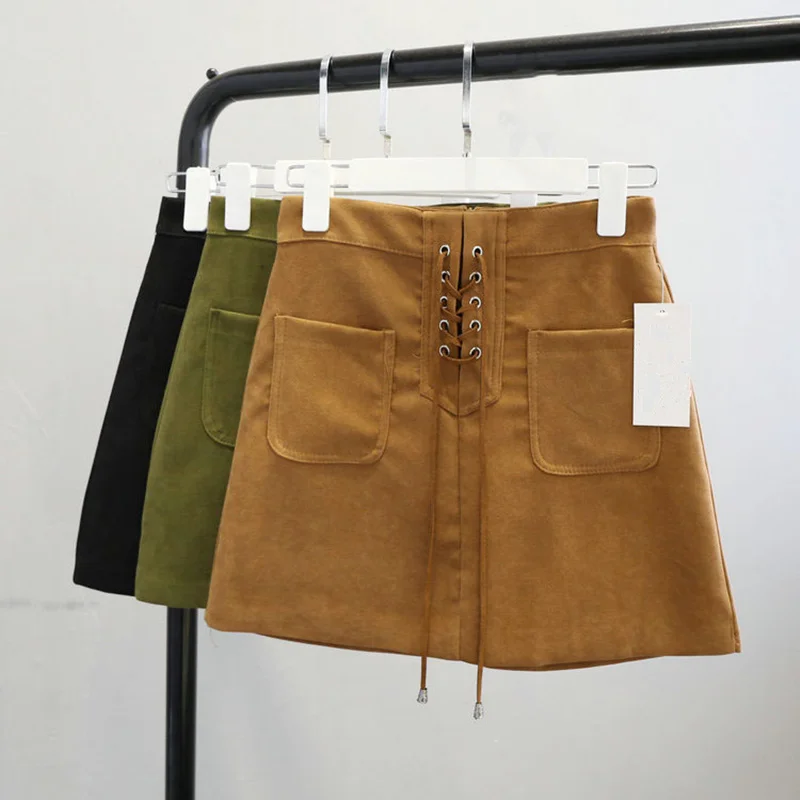 Корейский стиль на шнуровке Модные женские короткие мин юбка карманы хаки черная