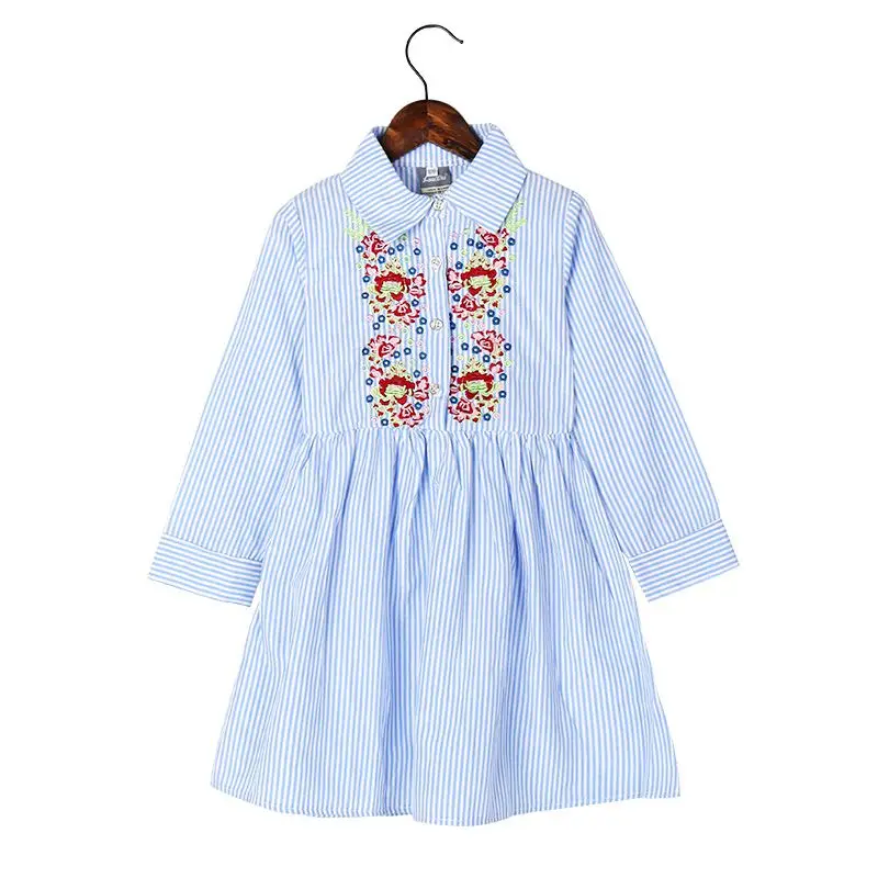 

Lovely flower embroidery blue stripes kids dresses for girls 6 to 16 years little girl clothes summer cotton long sleeve dress