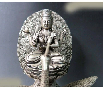 12 &quotКитай серебро budismo tallado дель паво реал Mahamayuri буда escultura estatua медь бронзовые