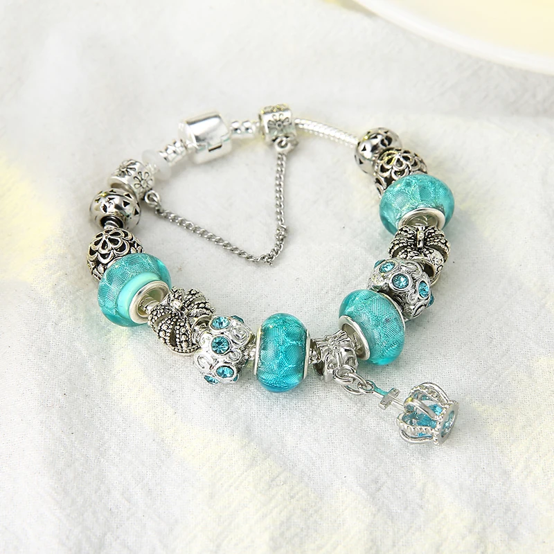 HOMOD 2019 New European Fashion Jewelry Crown Charm Bracelets &amp Bangles Blue Beads fits Brand for Woman | Украшения и
