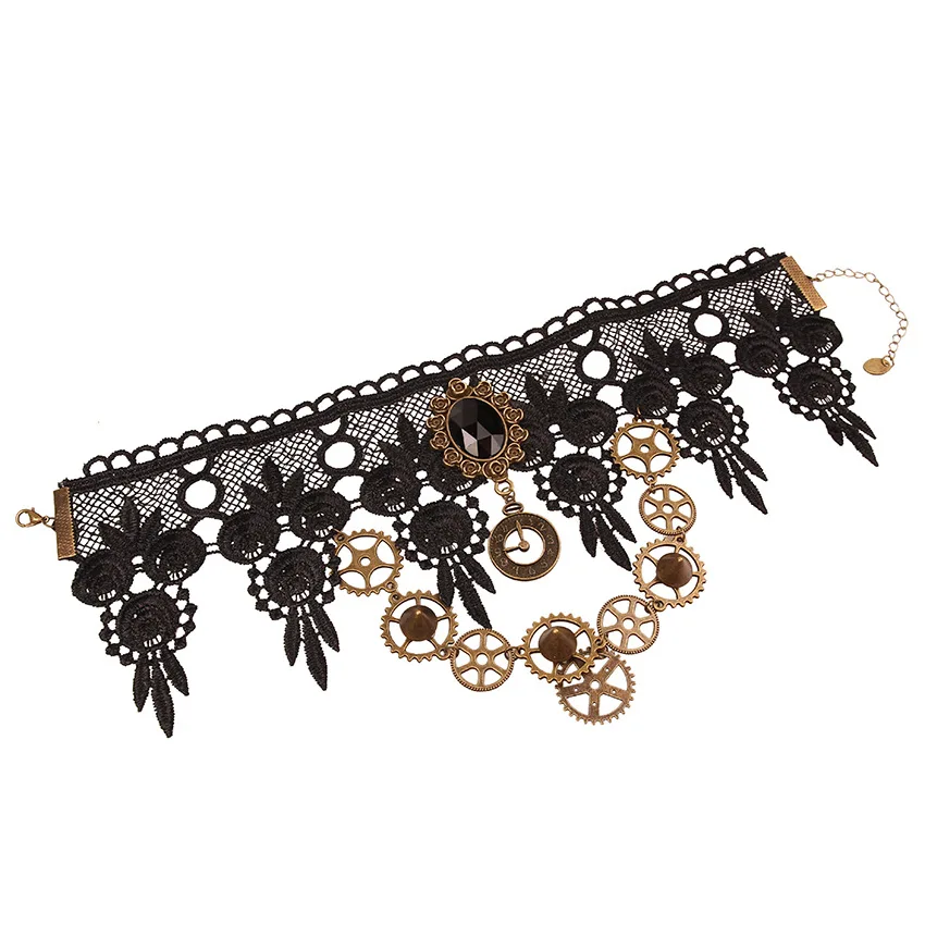 

12 Pieces/Lot Statement Necklaces Jewelry For Women Vintage Black Crystal Gear Chain Charm Necklace Gothic Hollow Lace Choker