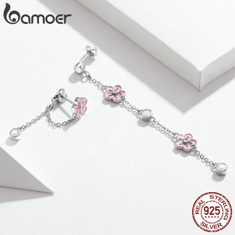 Женские эмалированные серьги-подвески в виде розового цветка BSE057 | Украшения и