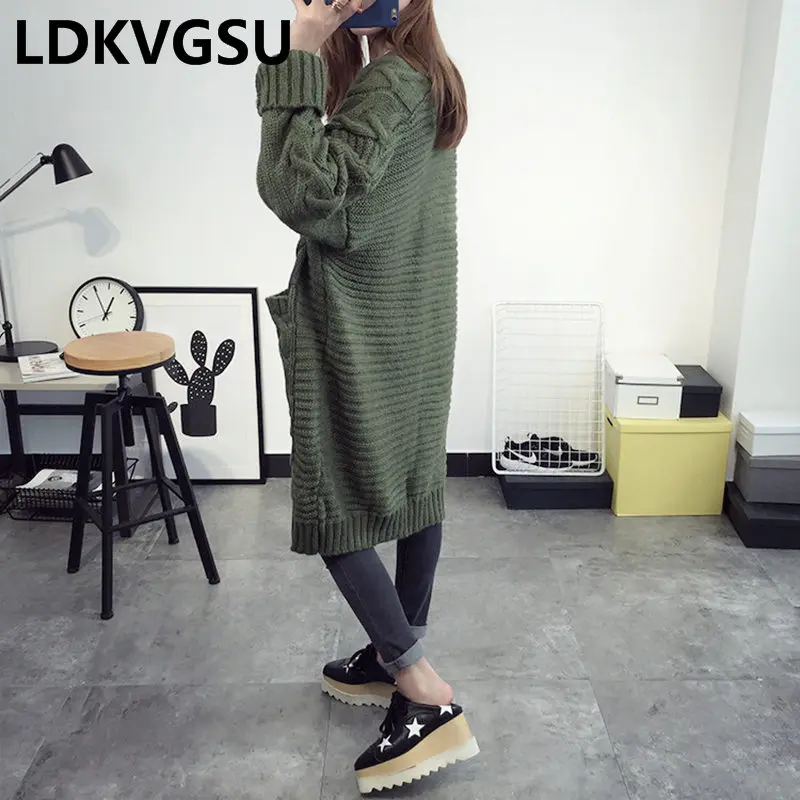 2018 Autumn Winter New Women's Korean Twist V-neck Knit Cardigan Loose Large Size Big Pocket Long Female Sweater Jacket Is1435 |