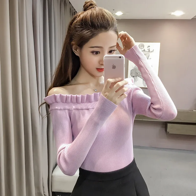 Sanishroly 2018 Autumn Slash Neck Knitted Sweaters Pullovers Women Solid Long Sleeve Sweater Ladies Bottoming Knitwear Tops S184 | Женская