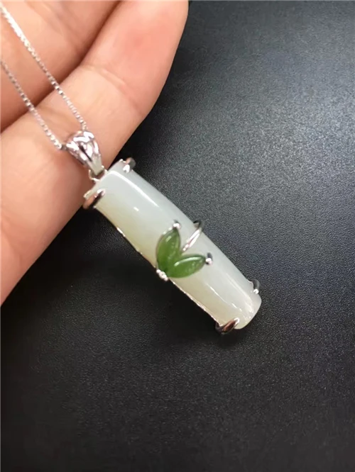 Серебра 925 натуральный Зеленый Белый Хотан Ю. Камень Bamboo Стиль мотаться Лаки