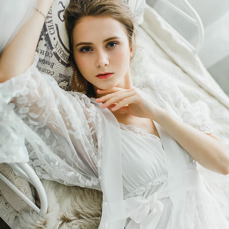 

High Quality Spring Autumn Women's Princess robe set Homewear Sleepwear Lace Cotton Long sleeve Robe and nightgown set SW1715