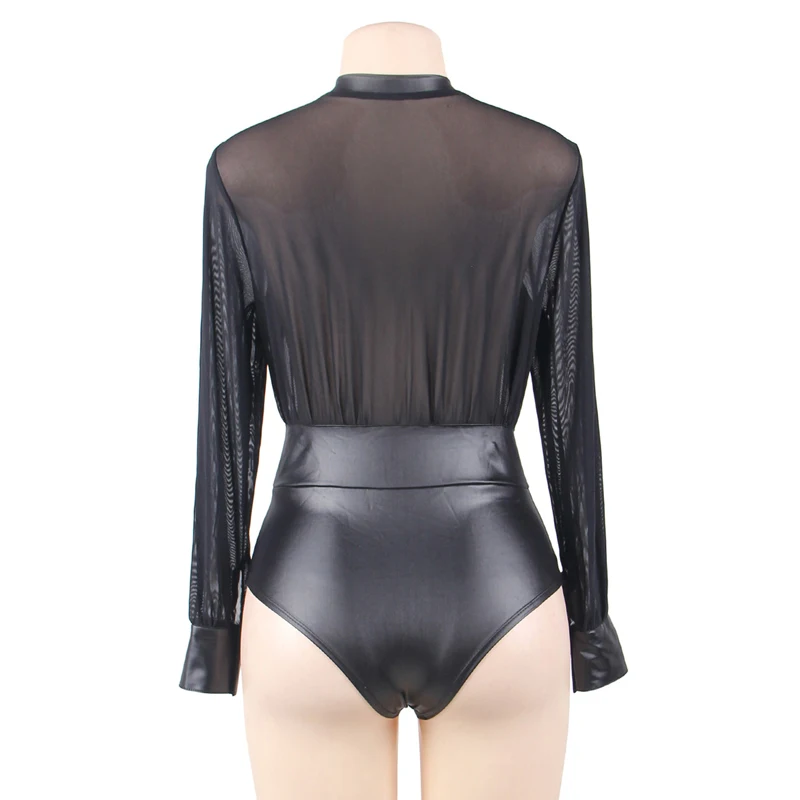 Black V-neck Zipper Leather Sexy Bodysuit Long Sleeve Plus Size Woman Teddy Transparent Suit For Sex Lingerie | Тематическая одежда