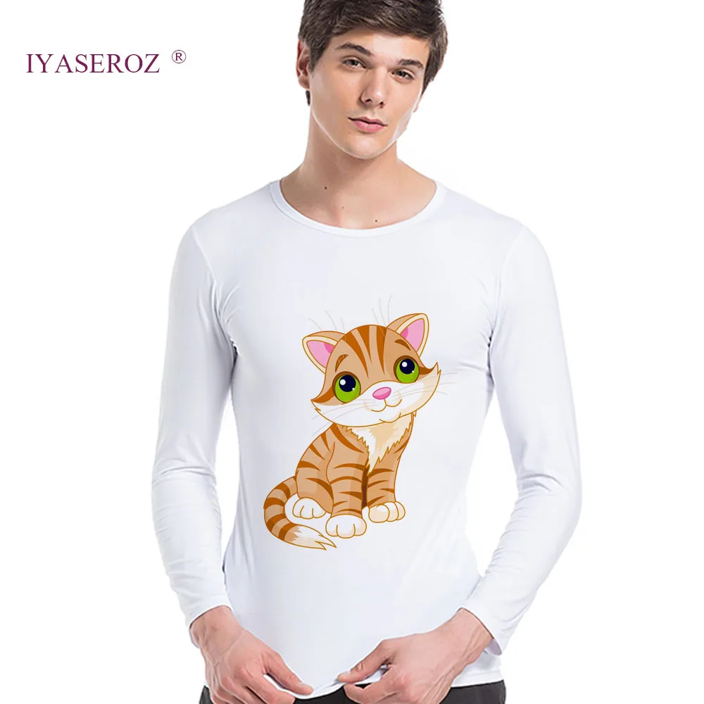 2018 Summer New Men Unisex Funny cats and listens to music Printed Streetwear Long Sleeve Autumn Harajuku T-Shirt | Мужская одежда