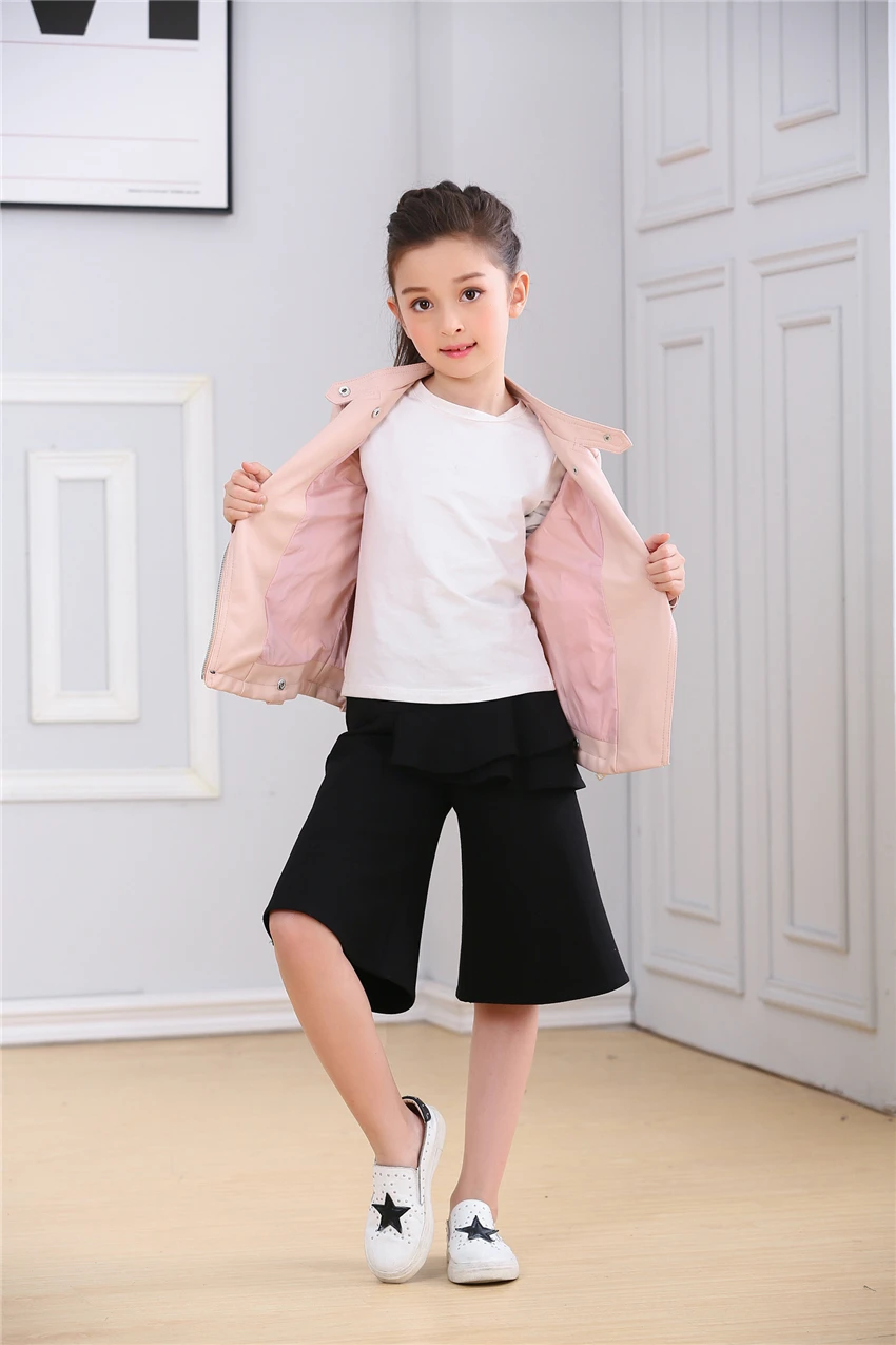 2018 Teenage Girls Pink faux leather jacket children's PU clothing Top for 3-10yrs kids zipper motorcycle outerwear red black | Детская