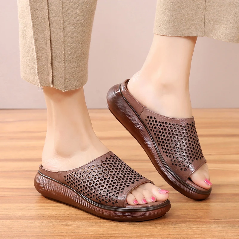 PEIPAH/2019 женские шлепанцы в стиле ретро сандалии на танкетке из натуральной кожи