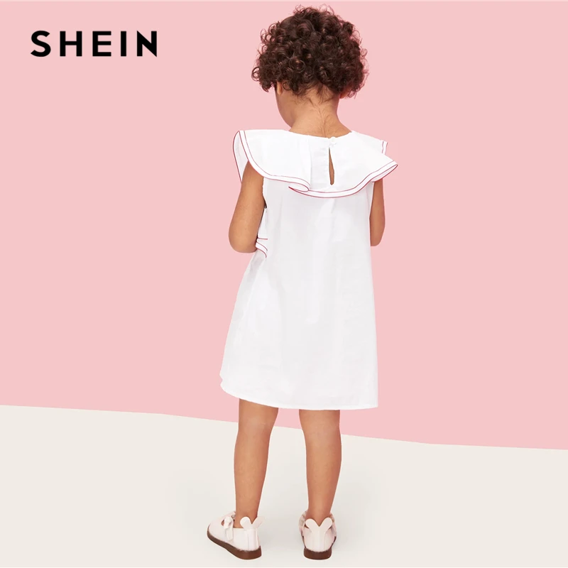 SHEIN Kiddie/Платье-туника в стиле кэжуал с контрастной строчкой и оборками для девочек г., летние милые короткие платья без рукавов с пуговицами сзади