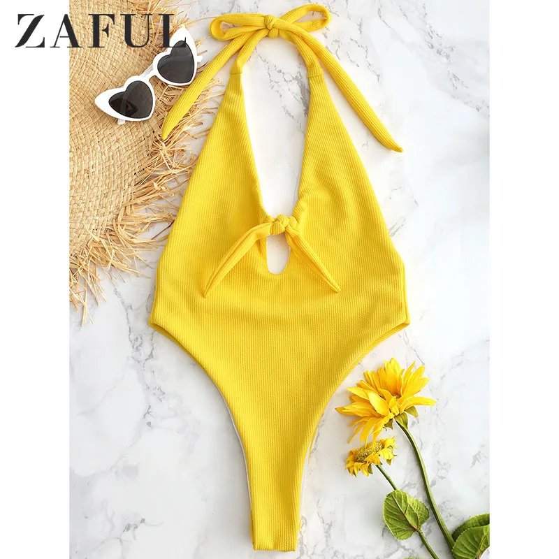 Женский купальник с открытой спиной ZAFUL ребристый завязками спереди и высокой