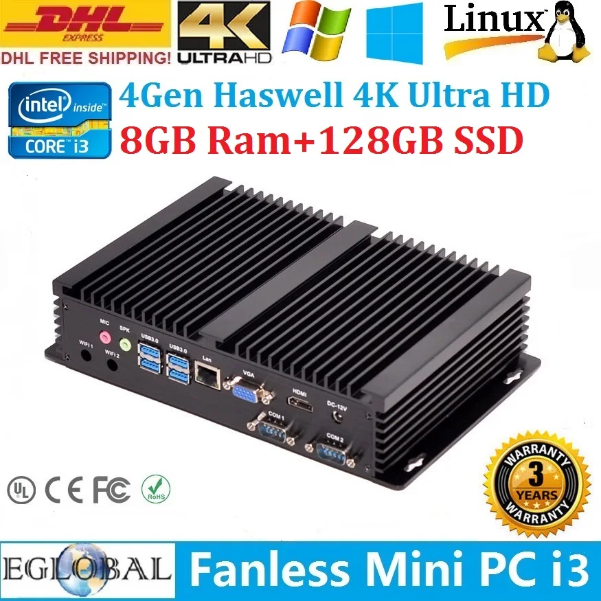 Процессор EGlobal безвентиляторный промышленный Мини ПК Windows10 Core i3 4010U 5005U 2 * RS232