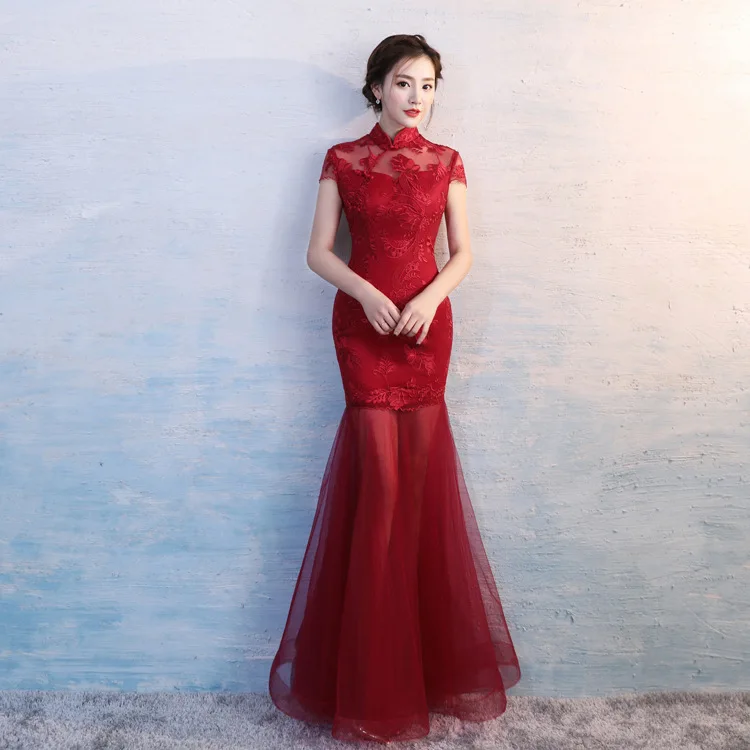 Традиционная китайская одежда Qipao свадебное вино красное женское кружевное официальное платье для вечеринки коктейльное длинное платье Ципао Халат