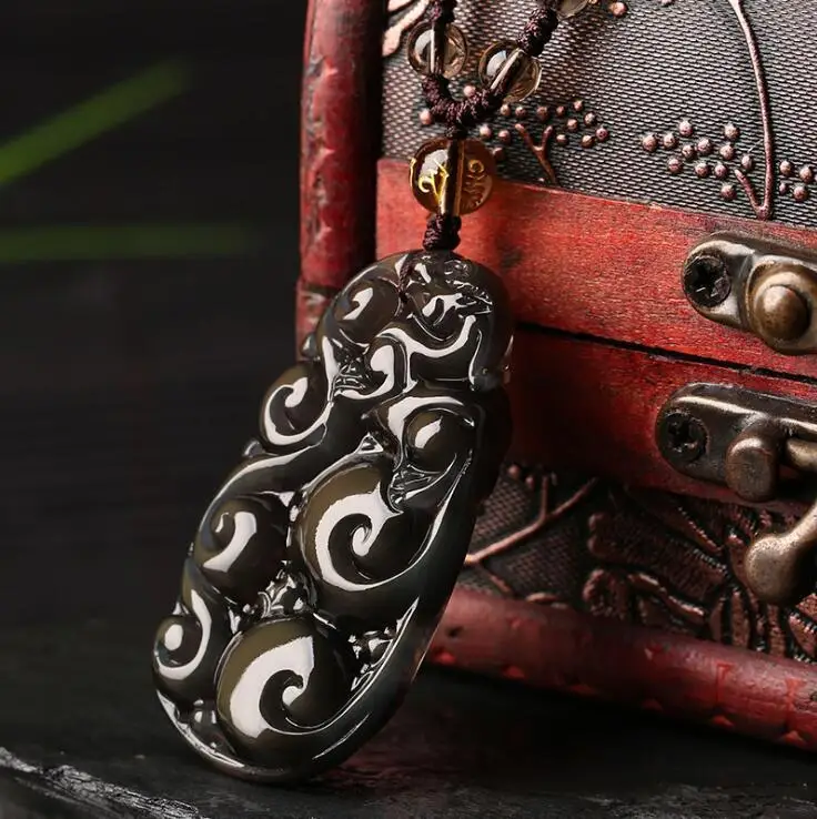 Китайский Натуральный Цвет обсидиан ручной резной дракон счастливый кулон + бусы