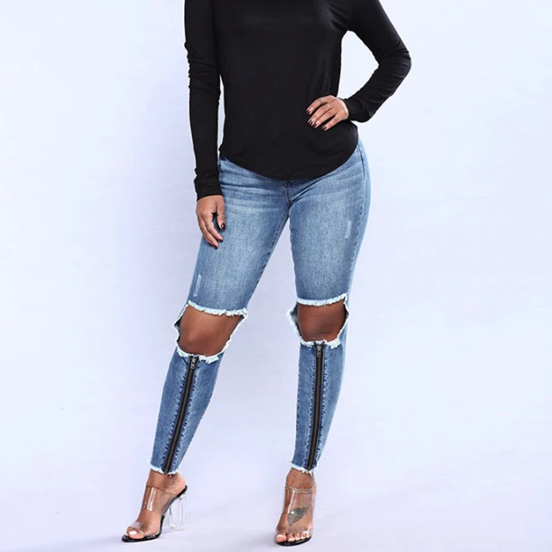 2018 ripped hole high street sexy Jeans Women High Waist Skinny Pencil Blue Denim Pants knee Zipper Elastic Stretch women | Женская
